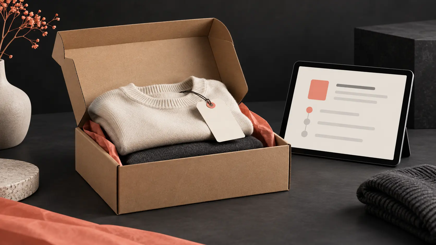 Illustratie van een retourdoos met kleding en digitale retourinformatie